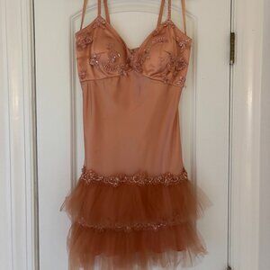 VINTAGE Pink Fairycore frilly Silk Dress Embroidered Fits XS/S - Light Coral